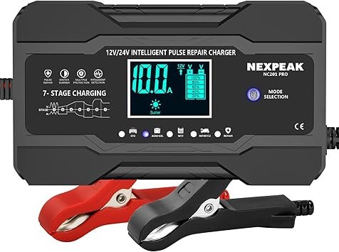 NEXPEAK 10Amp Car Battery Charger 12V and 24V Smart Fully Automatic Battery Trickle Charger Maintainer wTemp Compensation for Truck Motorcycle Lawn Mower Boat Marine Lead Acid Batteries
