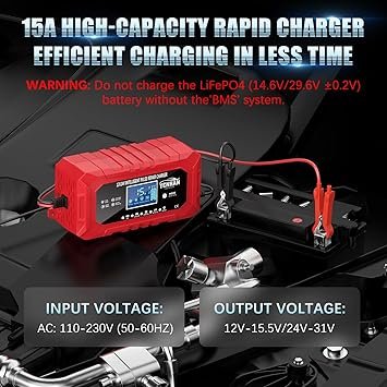 71V2tycs7CL._AC_SY355_.jpg YONHAN 15A Battery Charger 12V24V LiFePO4 Lead Acid Car Battery Charger 9Stage Trickle Charger with Temp Compensation Automotive Battery Maintainer for Car Truck Motorcycle Lawn Mower BoatRed