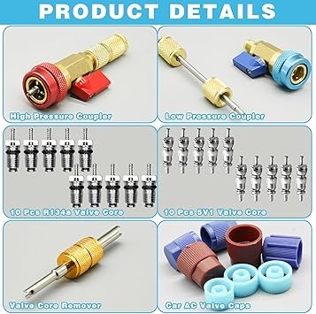 71YrHKxB5IL._AC_SY355_.jpg 31Pcs R134A Valve Core Quick Remover Installer Tool Set High Low Pressure AC Valve Core Removal Tool with R134A Valve Core AC Service Port Cap Valve Stem Kit for Refrigerant Air Conditioner System