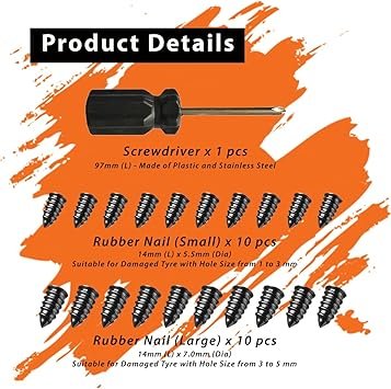 20pcs Tyre Repair Kit Tire Rubber Nails Tool SelfService Car Wheel Puncture Repair Screws with Screwdriver Set for Auto Motorcycle Bike Truck Tractor Jeep ATV 10S 10L