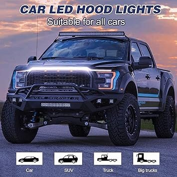 Car LED Hood Light Strip 70 cm 12V Flexible Waterproof Daytime Running Lights for Car Universal Engine Cover Decoration Accessories for Cars SUVs Trucks Dynamic Scan Startup Effect White