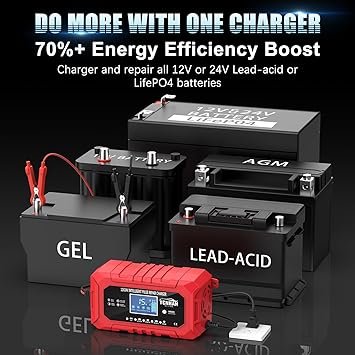 71lMhcxvUTL._AC_SY355_.jpg YONHAN 15A Battery Charger 12V24V LiFePO4 Lead Acid Car Battery Charger 9Stage Trickle Charger with Temp Compensation Automotive Battery Maintainer for Car Truck Motorcycle Lawn Mower BoatRed