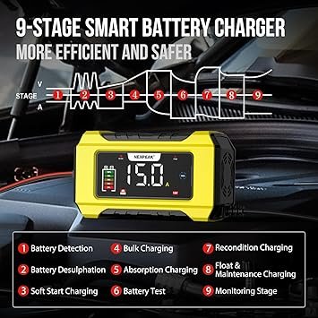 NEXPEAK NC215 15Amp Battery Charger Trickle Charger Car Battery Charger 12V 24V LiFePO4 Lead Acid Portable 9Stage Smart Battery Maintainer wTemp Compensation for Car Truck Lawn Mower Boat Marine