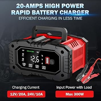 20Amp Car Battery Charger 12V20A and 24V10A LiFePO4LeadAcidAGMGelSLA Automatic Smart Trickle Charger MaintainerDesulfator 300W Fast Charging for Automotive Truck Motorcycle Lawn Mower Boat